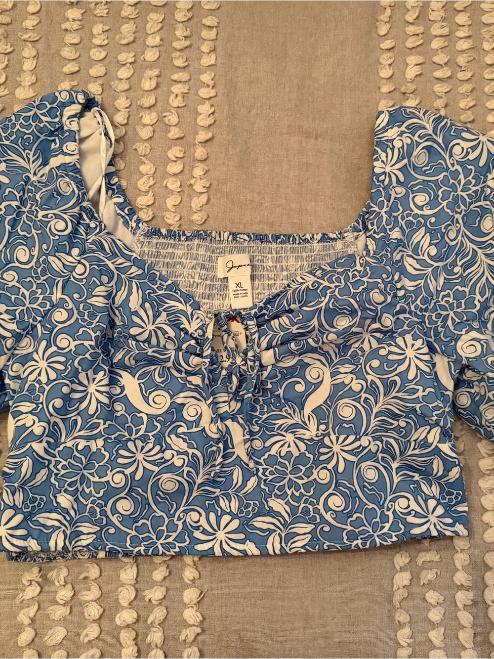 Japna Blue and White Floral Puff-Sleeve Crop Top